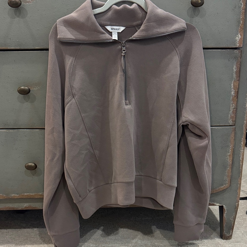 SPANX Air Soft Taupe Zip-Neck Pullover Sweatshirt